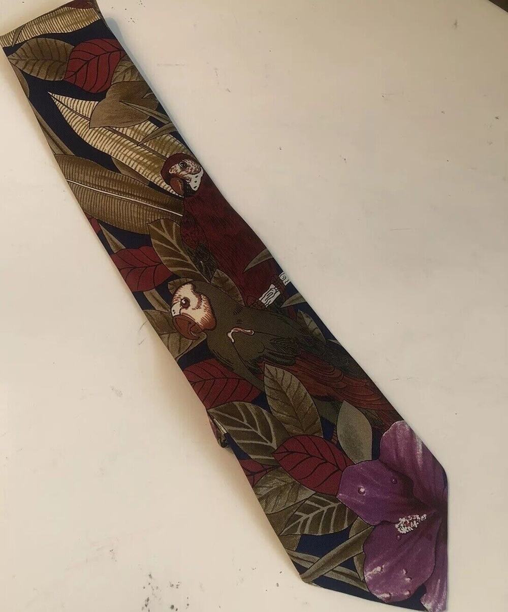 VINTAGE BULLOCK & JONES 100% SILK TIE NATURE PAINTING HANDMADE IN ITALY 3.5” 57”